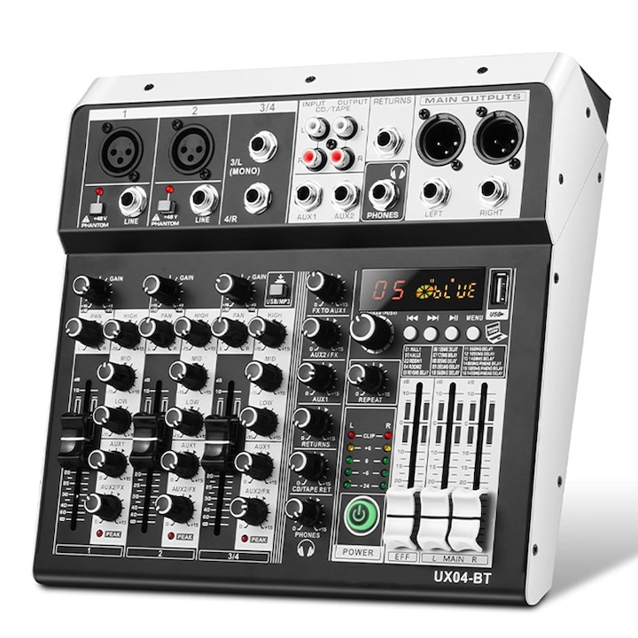 Аудио миксер Rqiurpn, Звукова карта, 4 канала, 48V фантомно захранване, 16 DSP ефекта, Bluetooth, USB, XLR изход, Аудио интерфейс, Преносим, Подходящ за професионални записи, KTV и сценични партита, Черен