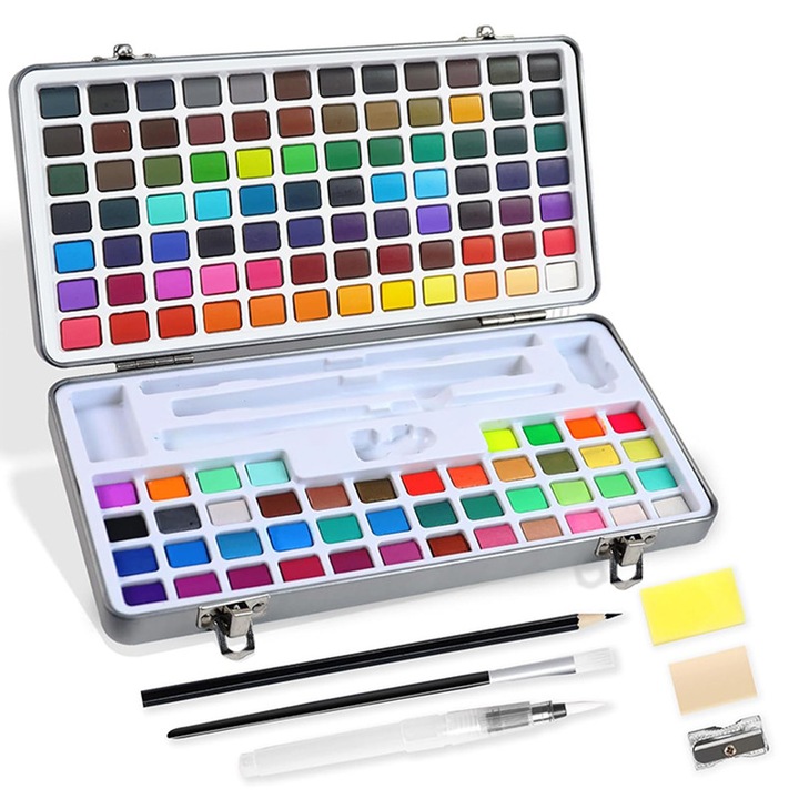 Set de picturi de acuarela de de culori intr-o cutie metalica cu pensule 128 elemente, Rqiurpn, Transparenta ridicata si usor de dizolvat, Lavabile, Non-toxice, Pentru copii, adulti sau artisti, Multicolor