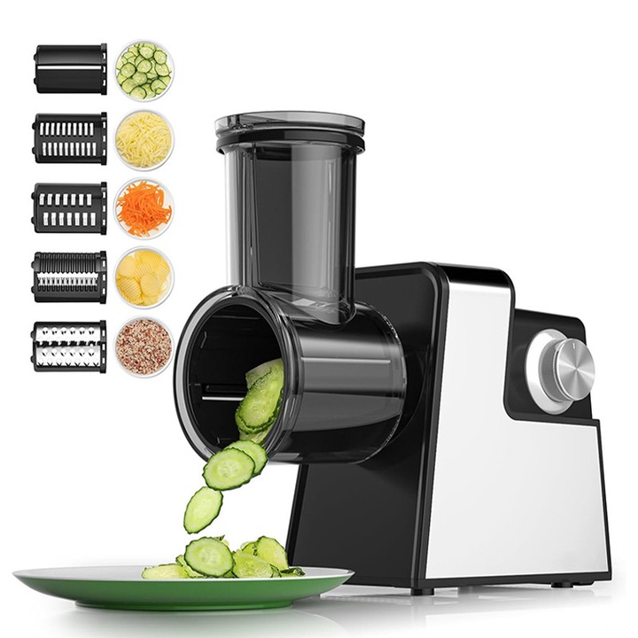 Razatoare Electrica, Rqiurpn, 300W, 5 lame din inox, Feliator electric de legume, Multifunctionala, Design compact, Usor de curatat, Argintiu