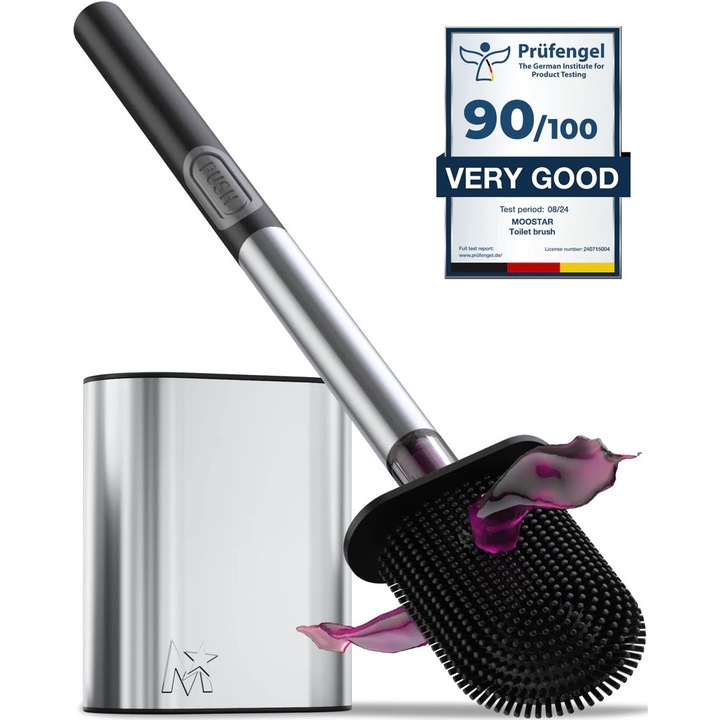 Силиконова четка за тоалетна с поставка, Moos, неръждаема стомана, с дозатор за препарат, бързо съхнене, без капки, сребрист цвят