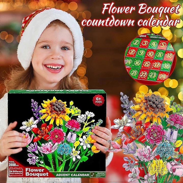 Calendar Advent cu Buchet de Flori, 24 Surprize, Decor Craciun, Seturi de Constructie