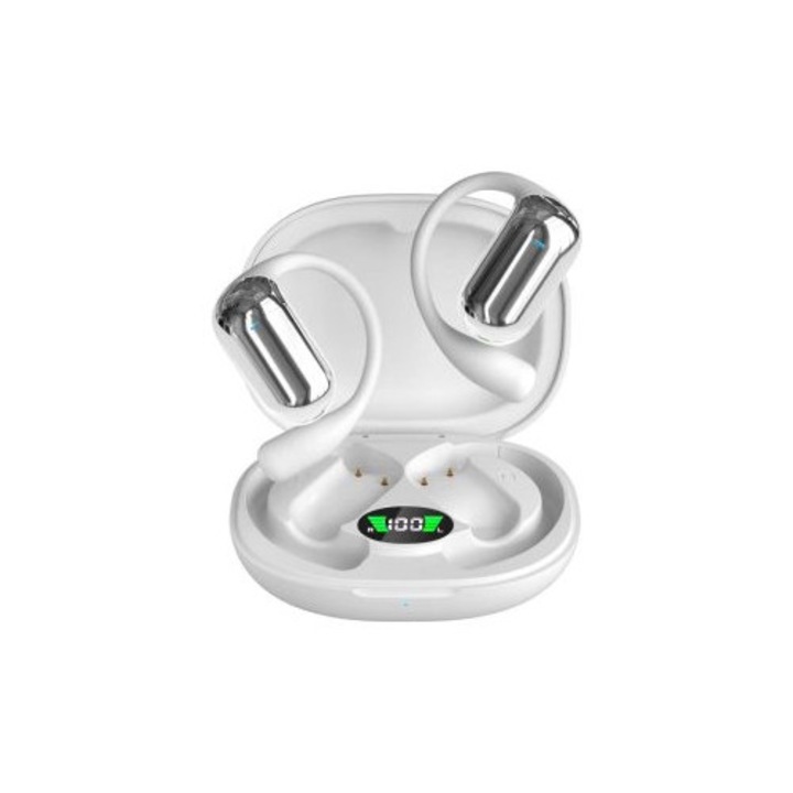 Casti Bluetooth wireless open-ear LUMAUDiO® Escape cu difuzoare 14.2 mm, Bluetooth 5.4, microfon HD, display digital, rezistente IPX5, alb
