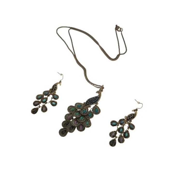 Дамски комплект дълго колие и висящи обеци Peacock, Винтидж, Антично златист