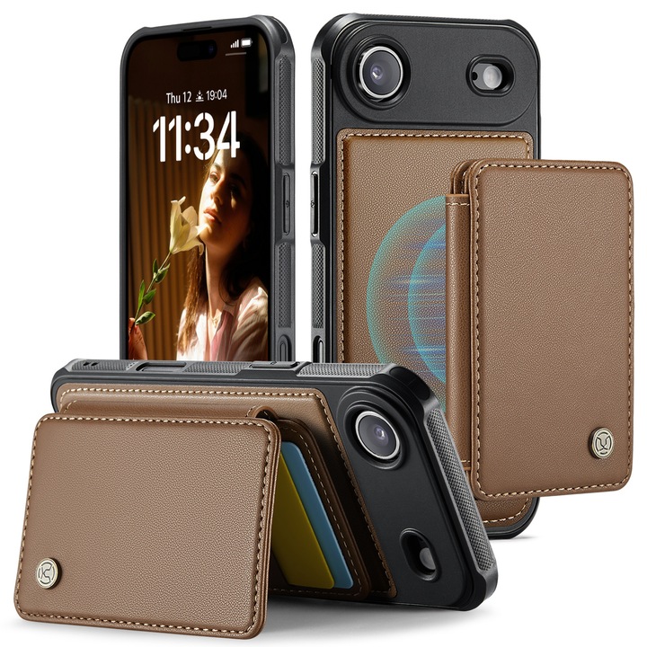 Калъф за iPhone Air, CaseMe, Кожа с мека текстура и добро сцепление, Съвместим с MagSafe, Мини магнитен портфейл, Отделение за карти, Функция стойка, RFID защита, Кафяв