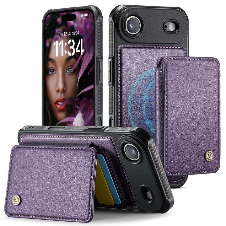 Калъф за iPhone Air, CaseMe, Кожа с мека текстура и добро сцепление, Съвместим с MagSafe, Мини магнитен портфейл, Отделение за карти, Функция стойка, RFID защита, Лилав