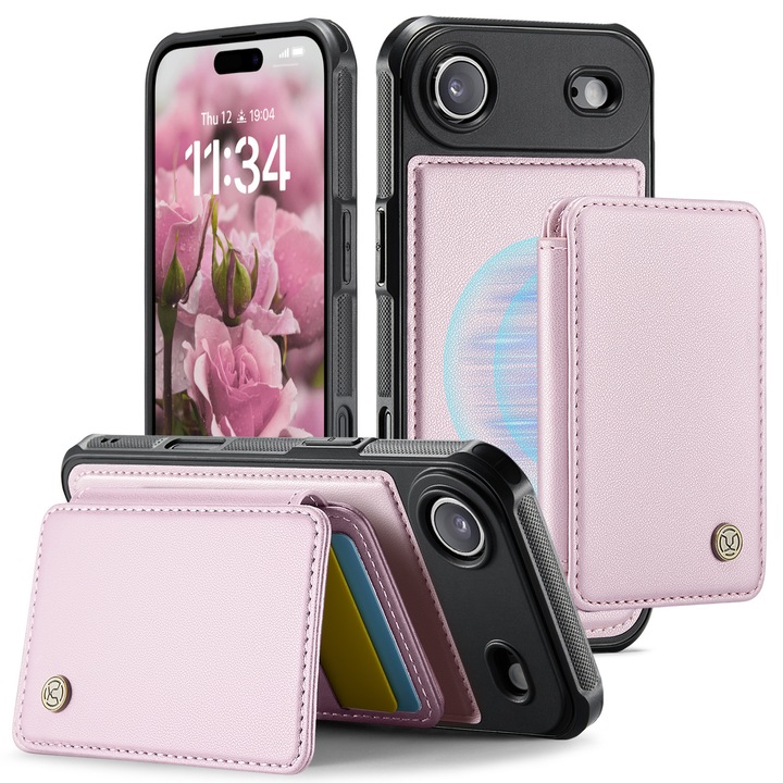 Калъф за iPhone Air, CaseMe, Кожа с мека текстура и добро сцепление, Съвместим с MagSafe, Мини магнитен портфейл, Отделение за карти, Функция стойка, RFID защита, Розов