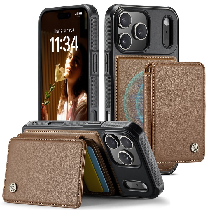 Калъф за iPhone 17 Pro, CaseMe, Кожа с мека текстура и добро сцепление, Съвместим с MagSafe, Мини магнитен портфейл, Отделение за карти, Функция стойка, RFID защита, Кафяв