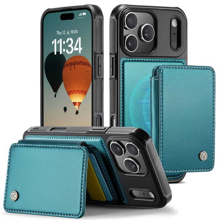 Калъф за iPhone 17 Pro Max, CaseMe, мека текстурирана кожа с мек захват, Съвместим с MagSafe, заден капак, свалящ се магнитен мини портфейл, слот за карти, функция за стойка, RFID защита, Зелено