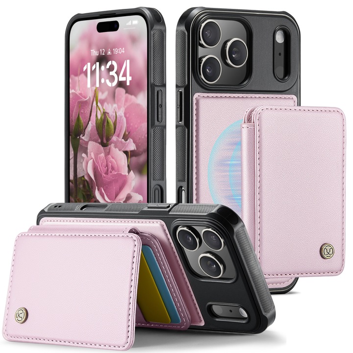 Калъф за iPhone 17 Pro, CaseMe, Кожа с мека текстура и добро сцепление, Съвместим с MagSafe, Мини магнитен портфейл, Отделение за карти, Функция стойка, RFID защита, Розов