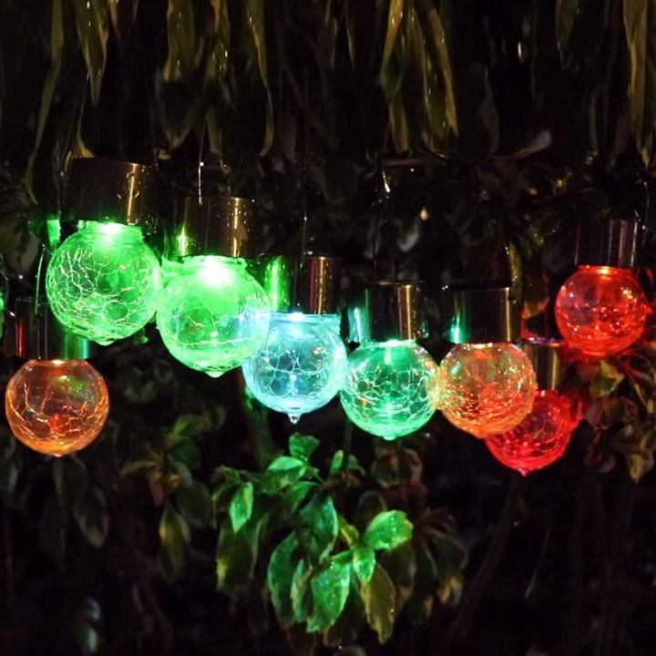 Függő dekoratív napelemes lámpák, 24 db-os készlet, üvegből, vízálló, fogantyúkkal és kapcsokkal, kerti, többszínű