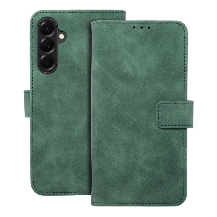 Samsung Galaxy A17 4G / A17 5G kompatibilis telefontok, könyvtok, bankkártyatartós, mágneszáras, zöld, Tender Book