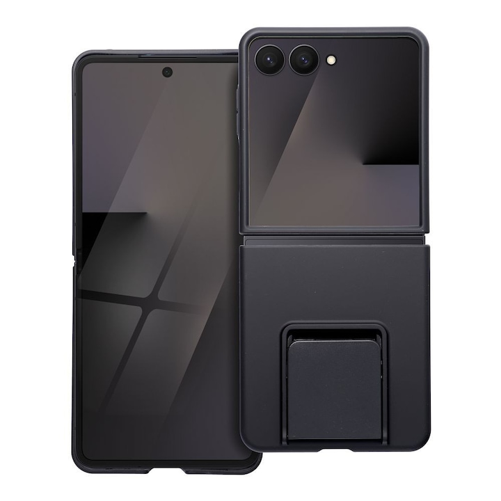 Съвместим калъф за телефон Samsung Galaxy Z Flip7 5G, калъф за преден + заден капак, пластмасов, с поддръжка, черен, 3D защитен, SM-F766B/DS