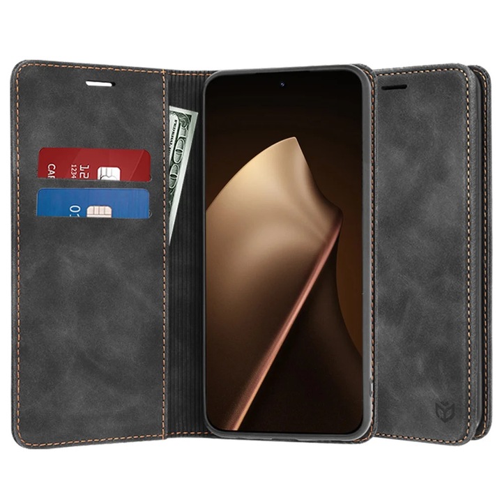 Husa pentru Xiaomi 15T Pro, SKYDDAR INNOVATION, Confy Cover tip Carte din piele Eco Premium, cu Portofel Interior, set cu sticker, Negru