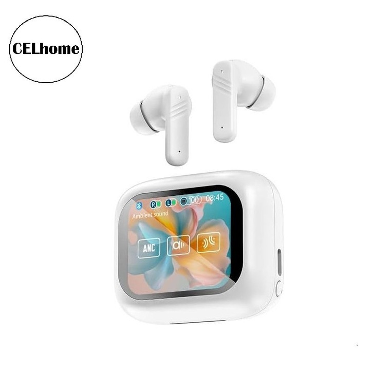 Casti Wireless Inteligente CELhome cu Ecran Tactil 2.01 inch, Bluetooth 5.4, Reducere Dubla a Zgomotului ANC si ENC, Sunet Stereo HD, Autonomie 5 Ore, Cu Cablu Incarcare si 3 Seturi de dopuri din silicon pentru confort sporit