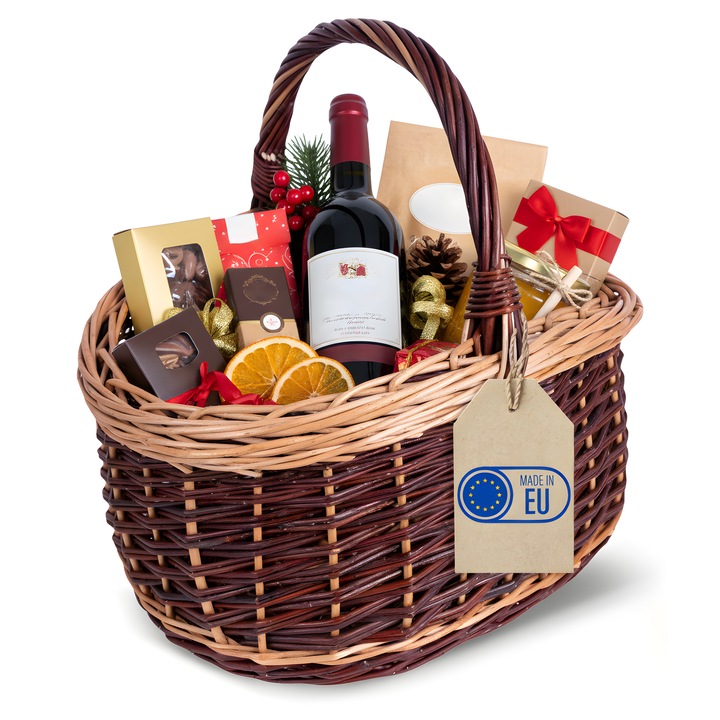 Cos din rachita in doua tonuri, Creative Home, 42 x 30 x 30 cm, Cu maner, Cos pentru picnic si ciuperci, Tesatura durabila lucrata manual, Salcie maro groasa, Multifunctional