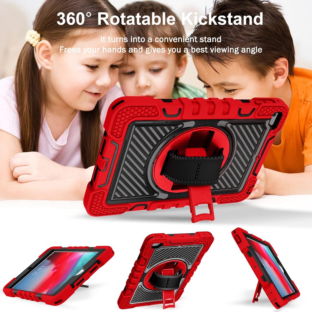 Husa Sigloo pentru iPad Mini 4/5 (2015/2019), 7.9" – 3 Straturi Protectie, Suport Integrat, Curea de umar, Antisoc –Rosu cu Negru