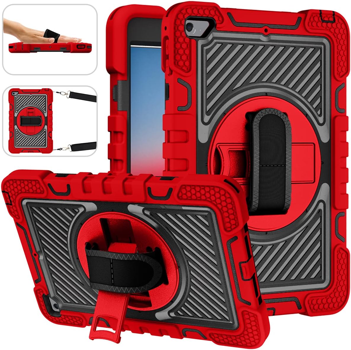 Husa Sigloo pentru iPad Mini 4/5 (2015/2019), 7.9" – 3 Straturi Protectie, Suport Integrat, Curea de umar, Antisoc –Rosu cu Negru