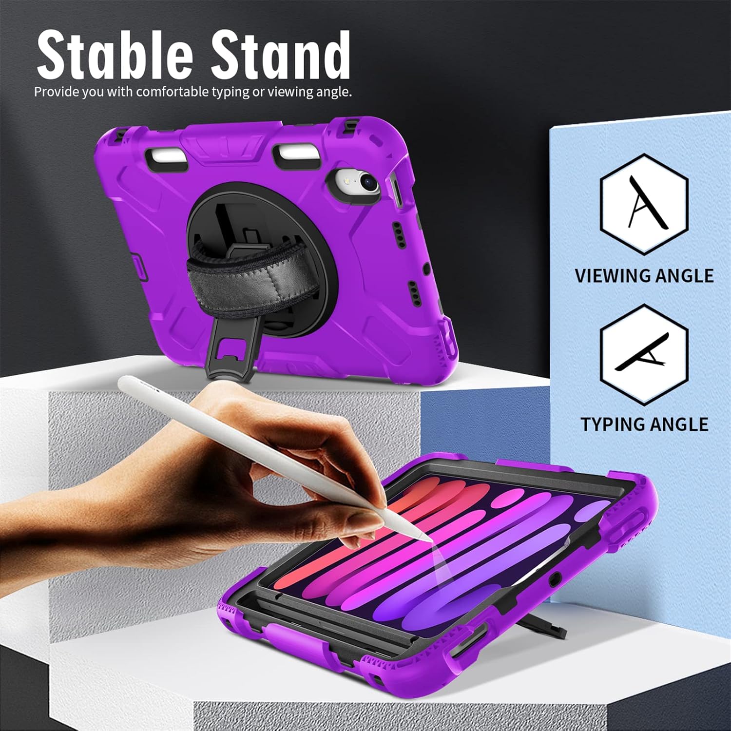 Husa premium Sigloo pentru Apple iPad Mini 7/6 (2024/2021), 8.3", Protectie Completa, Suport Creion, Stand Rotativ, Antishok, Mov cu Negru
