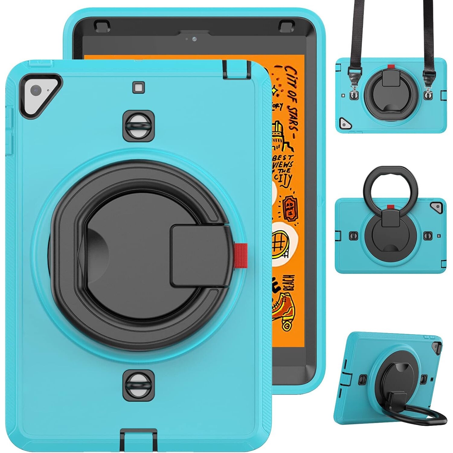 Pachet 360 Sigloo pentru iPad Mini 4/5 (2015/2019), 7.9" – Husa Shockproof Armor cu folie inclusa, curea de umar si suport rotativ, Albastru