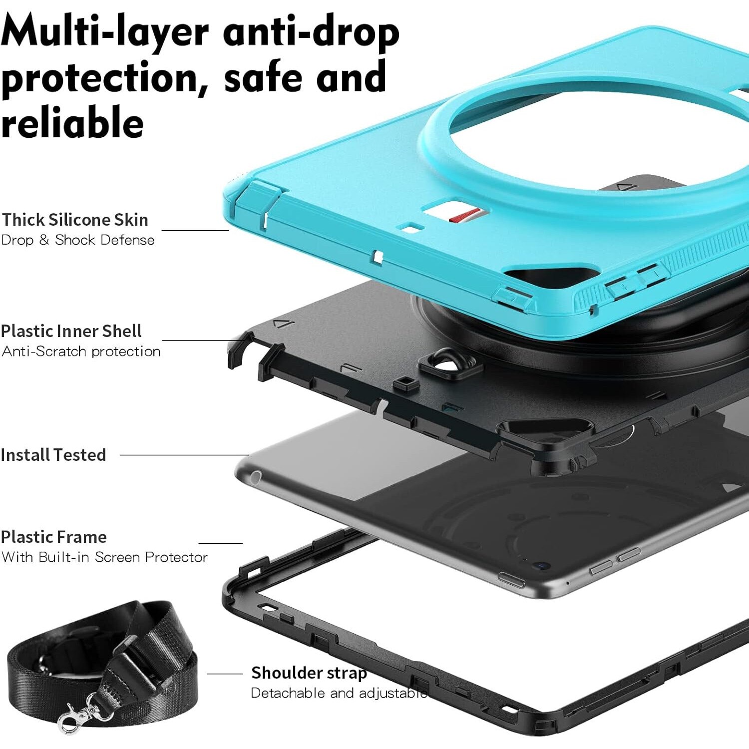Pachet 360 Sigloo pentru iPad Mini 4/5 (2015/2019), 7.9" – Husa Shockproof Armor cu folie inclusa, curea de umar si suport rotativ, Albastru