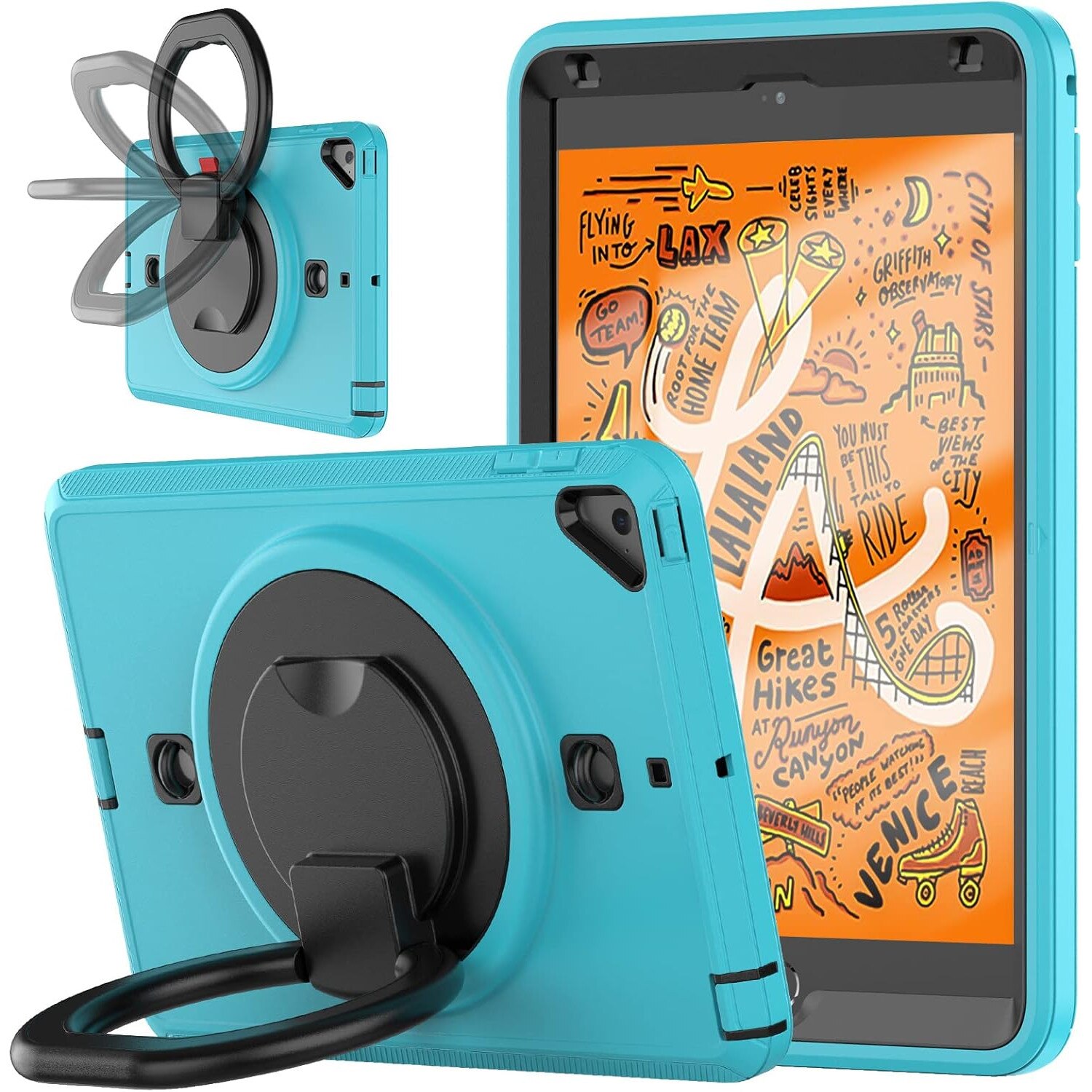 Pachet 360 Sigloo pentru iPad Mini 4/5 (2015/2019), 7.9" – Husa Shockproof Armor cu folie inclusa, curea de umar si suport rotativ, Albastru