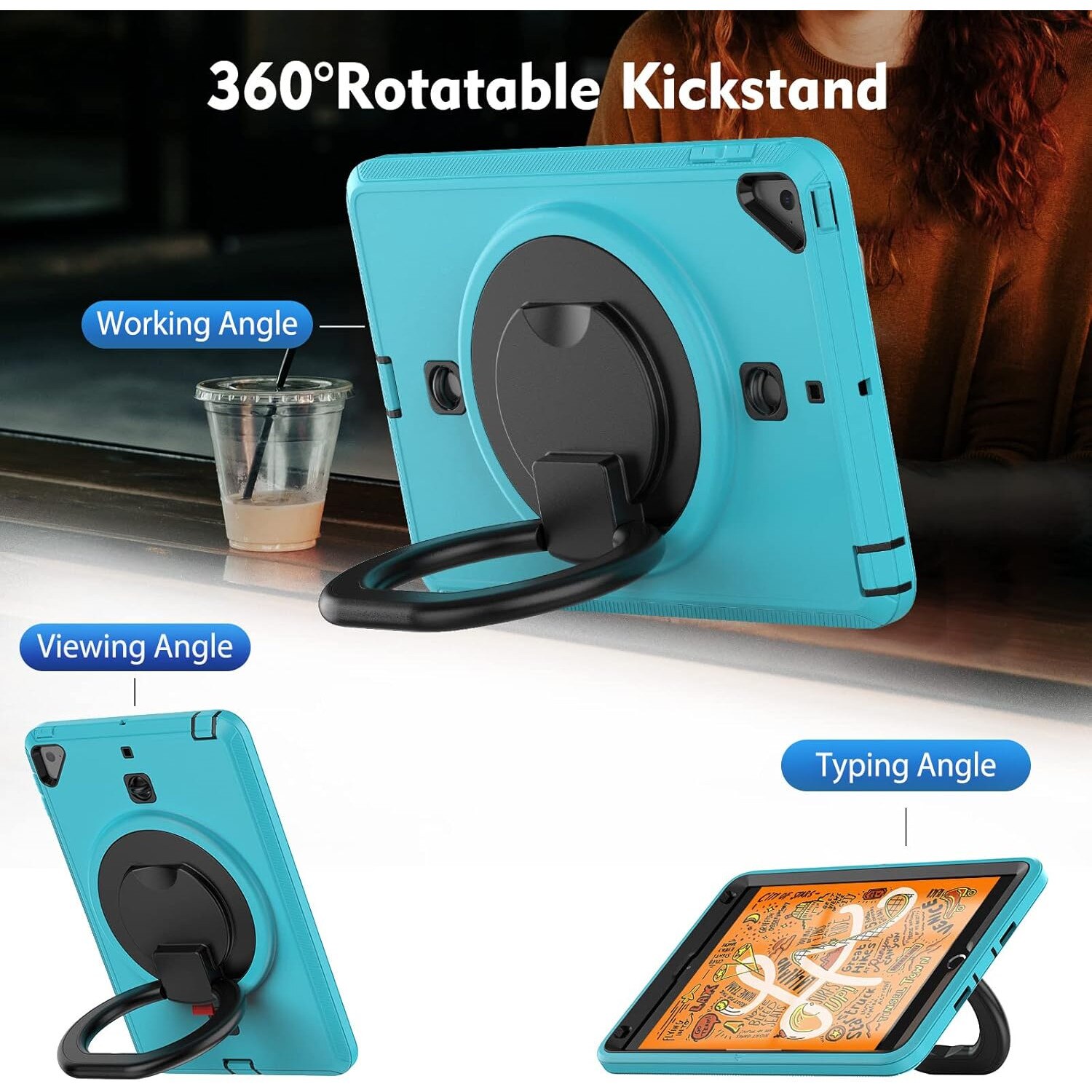 Pachet 360 Sigloo pentru iPad Mini 4/5 (2015/2019), 7.9" – Husa Shockproof Armor cu folie inclusa, curea de umar si suport rotativ, Albastru