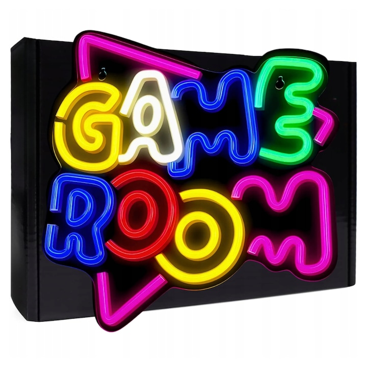 Lampa Neon "Game Room" Cu Carlige Si Lant, Oem, Ln 29, Alimentare Usb 5V 2A, Material Plastic, Silicon Led, Sursa De Lumina Led Uri Integrate, Clasa De Protectie Ip20 Pentru Utilizare In Interior, 33.5 x 35.5 cm, Multicolor
