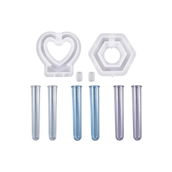 Forme prajituri din silicon inima si hexagon, set 8 piese, pentru plante hidroponice si flori, cu 6 tuburi