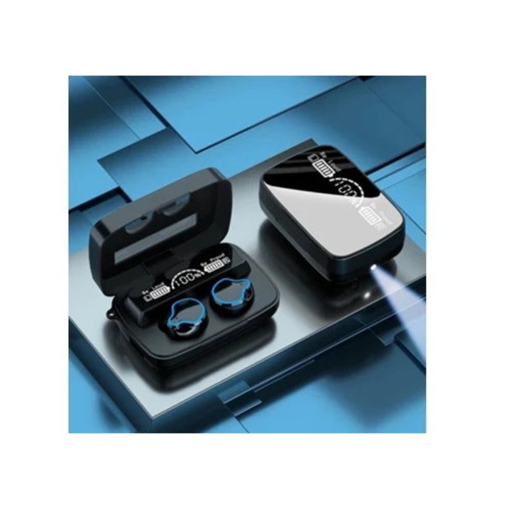 Casti Wireless M9 Bluetooth 5.1, vízálló, digitális kijelző, fekete