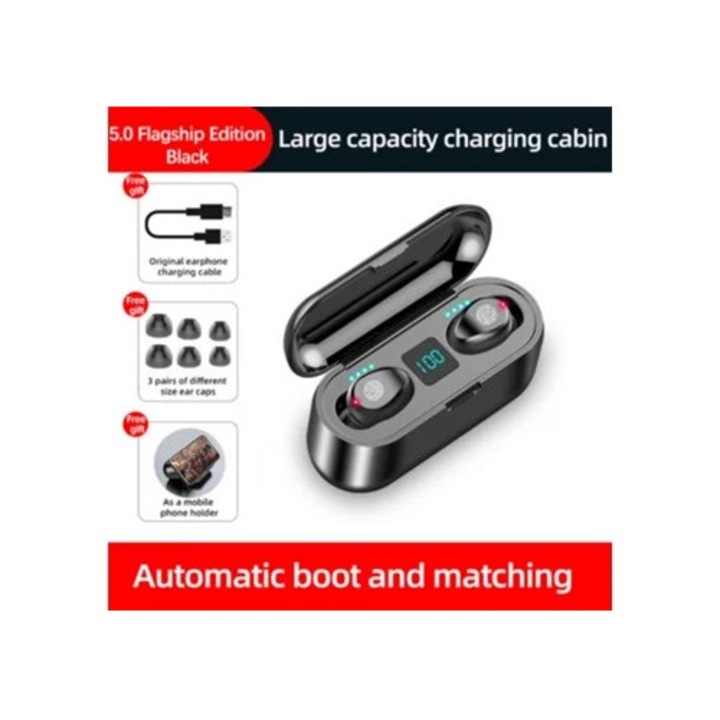 Casti Wireless F9 True Wireless Bluetooth 5.0 Stereo cu Microfon, Negru