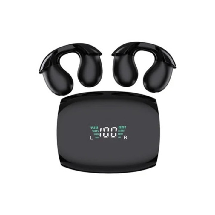 Vezeték nélküli Bluetooth fülhallgató, csíptetős, digitális kijelző 5.3, fekete