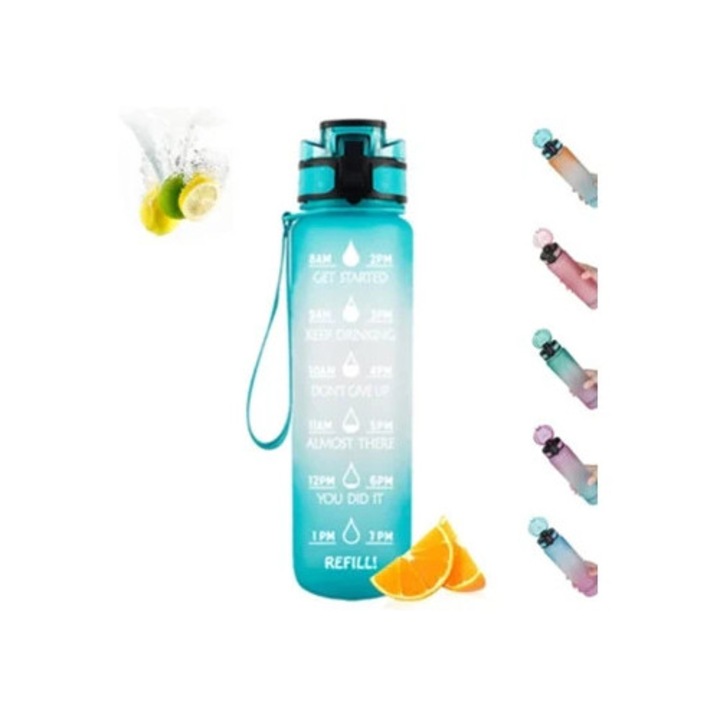 Motivációs kulacs 1L, időjelzőkkel, szívószállal, BPA-mentes