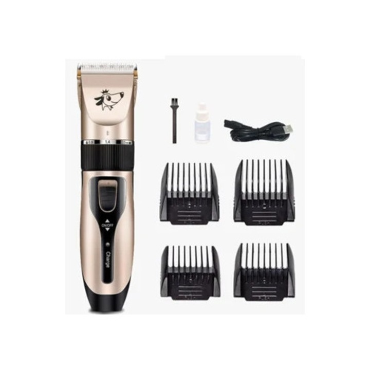 Trimmer electric pentru animale, set cu pieptene ajustabil, taiere silentioasa, reincarcabil
