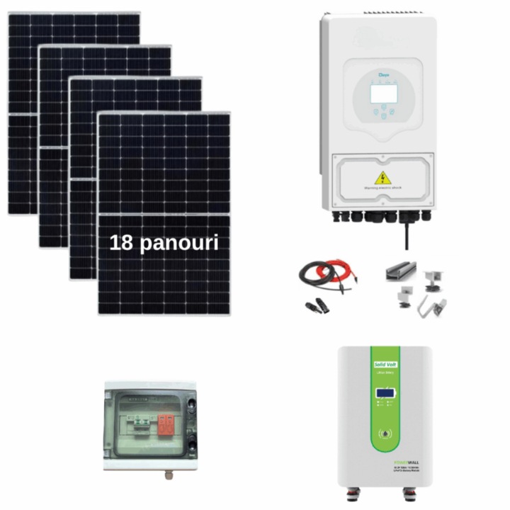 Sistem complet fotovoltaic 8 kW, Solid Volt, 18 panouri Canadian Solar, 6 kW invertor Deye monofazat, 15 kW stocare LiFePO4, montaj inclus