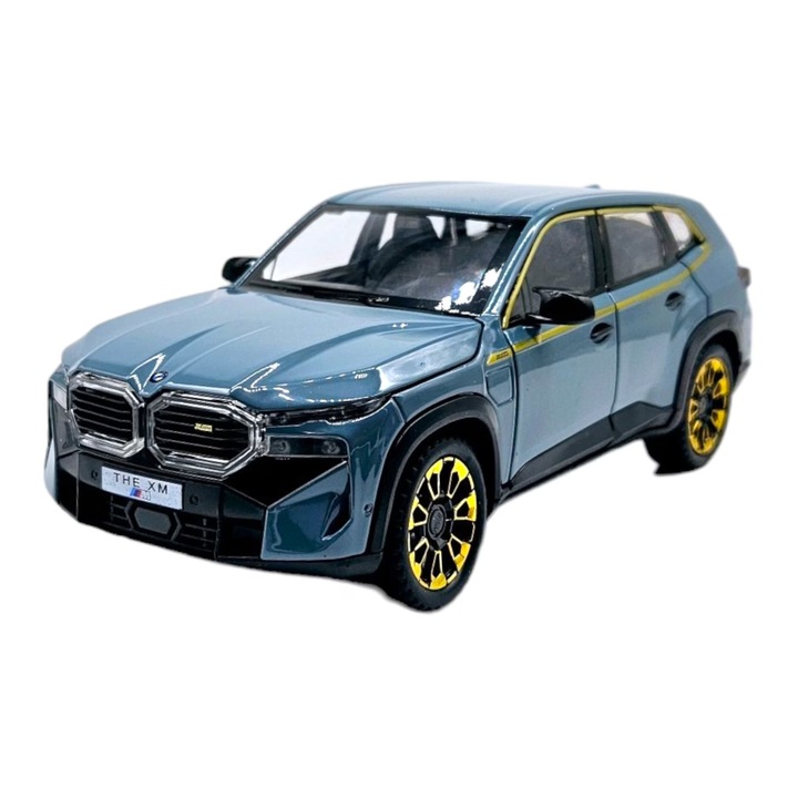 Fém autómodell BMW XM 1:24 – kék, sárga felnikkel, nyitható ajtókkal, SUV miniatűr modell