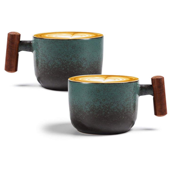 Set 2 cesti de cafea Gorielden, ceramica, handmade, Negru si verde, 7,6x5,6cm, 150ml