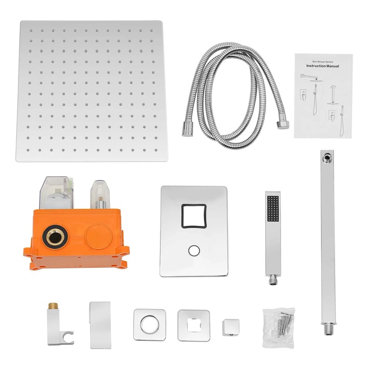 Set dus, Dus tip ploaie cu dus de mana, Cap dus 30 cm, Otel inoxidabil, Racord G1/2, Cartus ceramic, Valva si furtun incluse, Crom