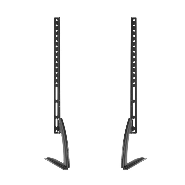 Suport TV de masa universal, Montaj pe birou, Pentru televizoare 81–178 cm, Max 35 kg, Metal, Structura triunghiulara, Fara gaurire, Negru