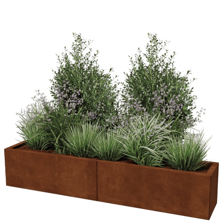 Jardiniera din otel corten, 90x30x30cm, pentru exterior, cu orificii de drenaj