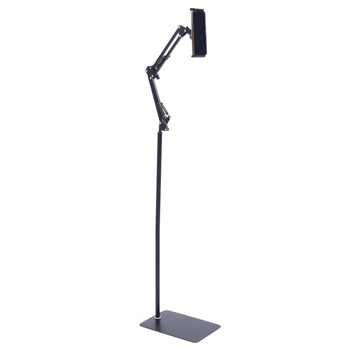Suport de podea pentru telefon și tabletă, Negru, reglabil 135 cm, cap rotativ 360, otel carbon