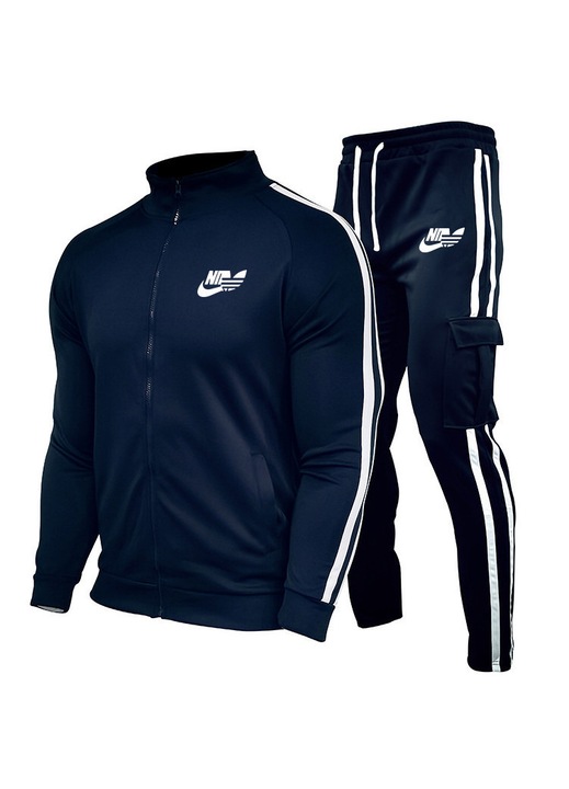 Costum sport casual barbati, cardigan cu blocuri de culoare, set din doua piese, bleumarin, XL