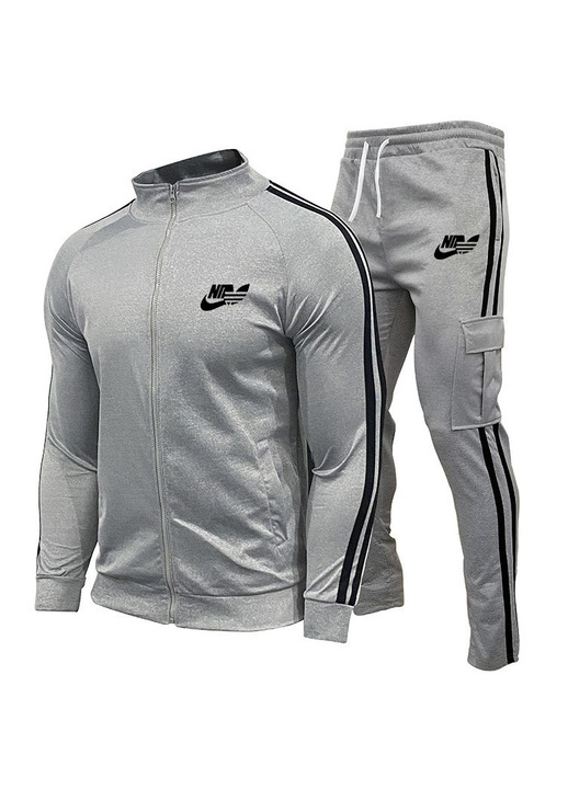 Costum sport casual pentru barbati, cardigan cu blocuri de culori, set din doua piese, gri, M