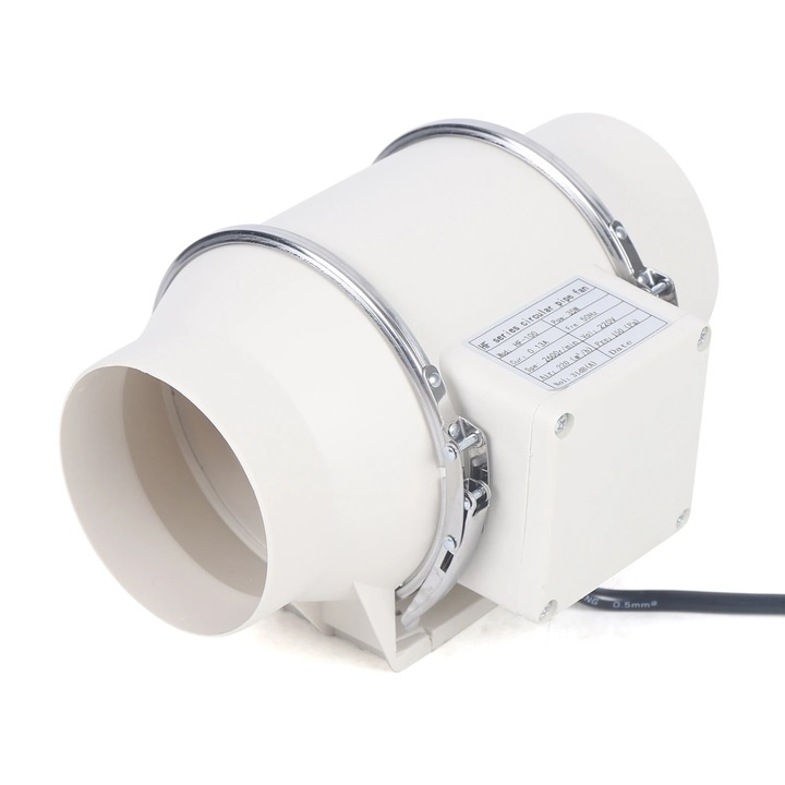 Csőventilátor, Inline csatornaventilátor, Teljesítmény 28 W, Akár 10 cm-es csövekhez, 2600 ford./perc, Réz motor, EU csatlakozó, Falra vagy csőbe szerelhető, Fehér