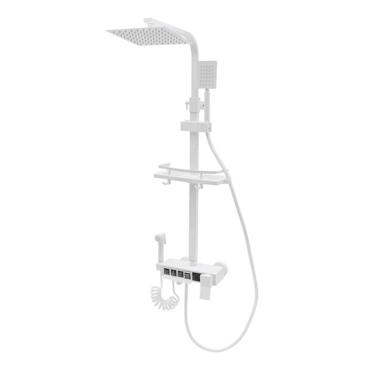 Panel de Dus Auriu, Inaltime Reglabila, 4 Iesiri de Apa, Display LED, Nucleu de supapa din Ceramica, Dus de Mana, Dus de Ploaie, Culoare Alb