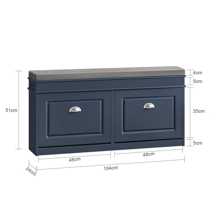 Banca cu sertar pentru depozitare pantofi, 2 usi, perna pe sezut, albastra/gri, 104x52x24cm