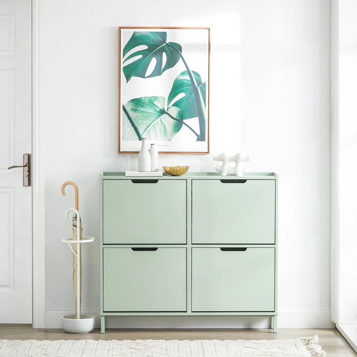 Cipősszekrény, 4 összecsukható rekesz, kompakt kialakítás, világoszöld