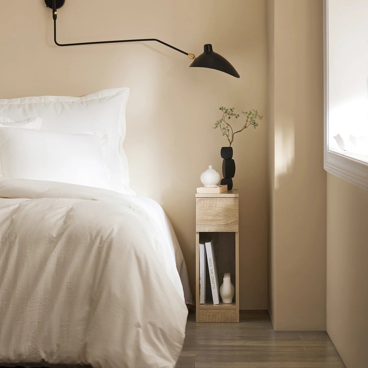 Masa de Noapte FBT111x2 Set 2 Bucati, cu Sertar, pentru Pat Boxspring sau Canapea, Birou Lateral Ingust, Finisaj de Cafea