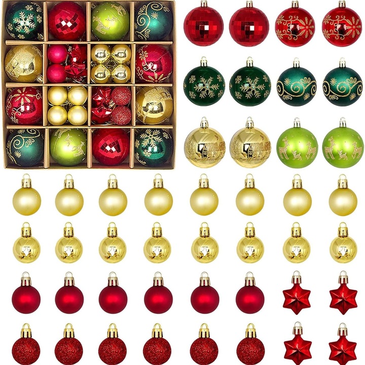 Set 44 x Ornamente de brad, diverse forme si dimensiuni, plastic, rosu-vrede-auriu