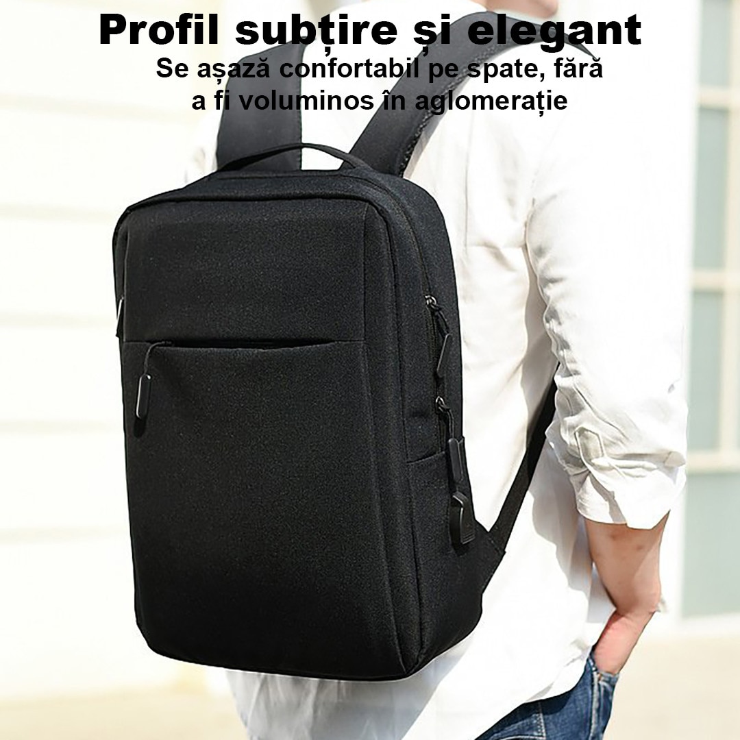 Rucsac Laptop, Anti-transpiratie, Port pentru Incarcare USB, Ghiozdan Voiaj, Laptop 15, 6 inch, Haine, Accesorii, Capacitate 30 L, Confortabil, Usor, Casual, Bussiness, Negru, Alikommerce AK