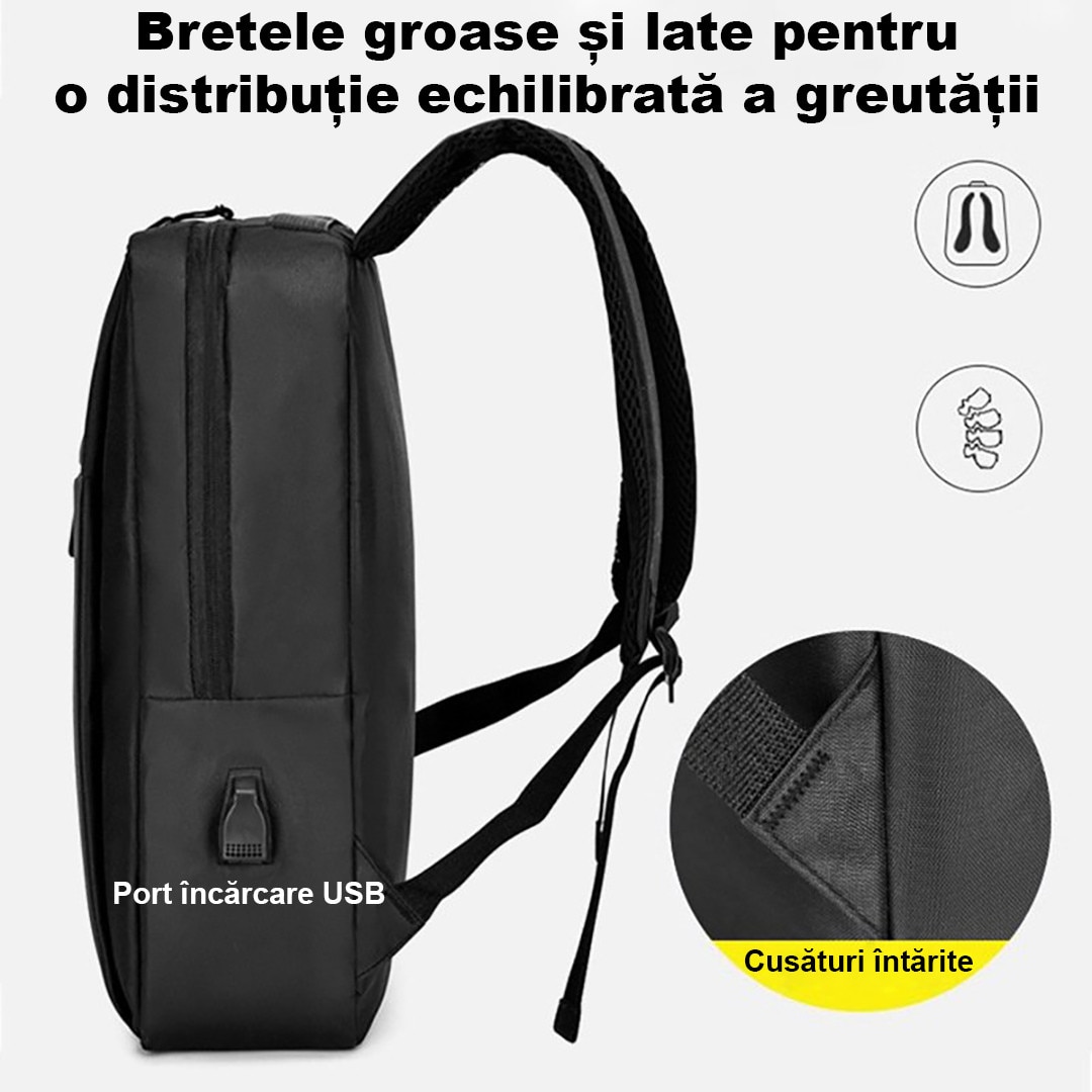 Rucsac Laptop, Anti-transpiratie, Port pentru Incarcare USB, Ghiozdan Voiaj, Laptop 15, 6 inch, Haine, Accesorii, Capacitate 30 L, Confortabil, Usor, Casual, Bussiness, Negru, Alikommerce AK